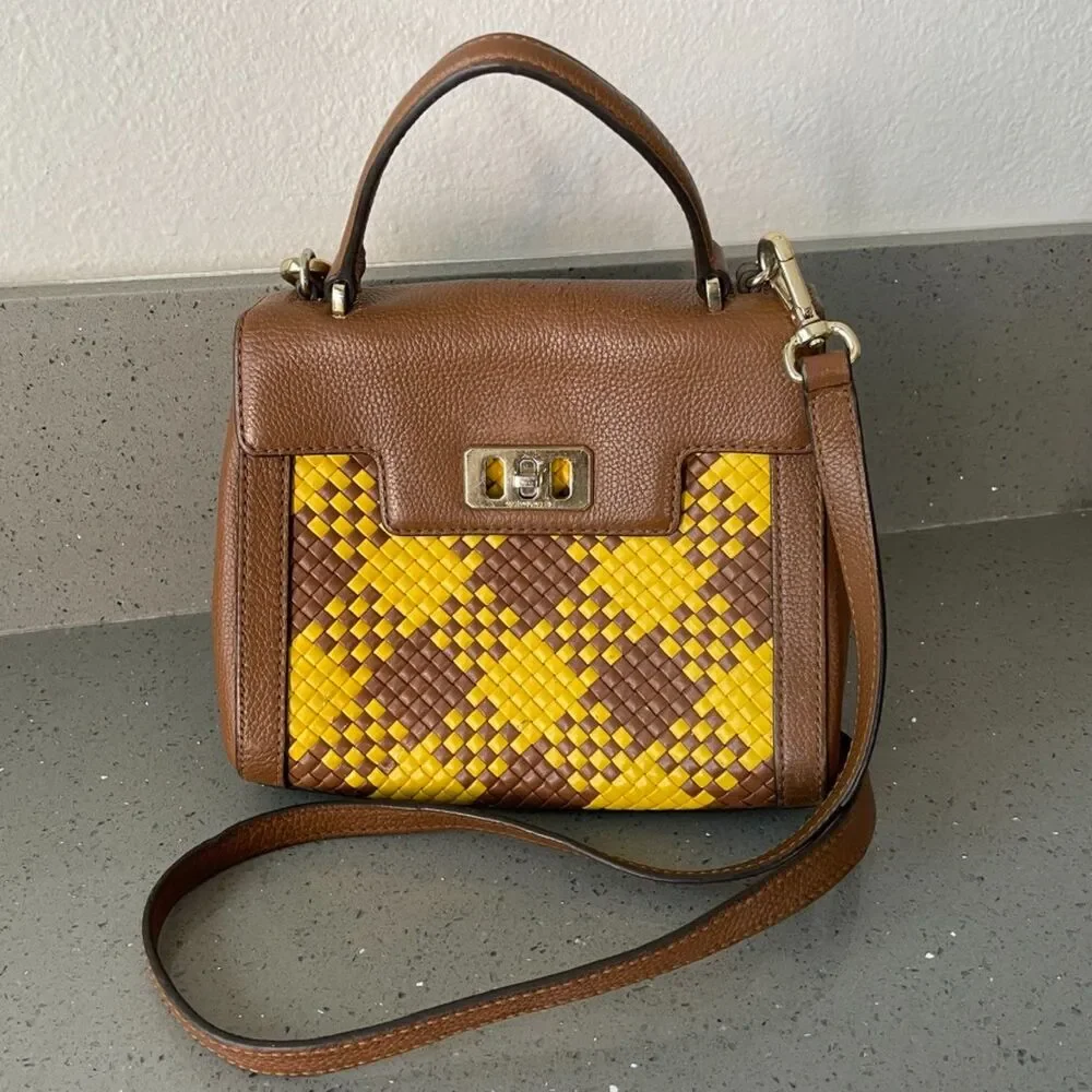 Michael Kors Mini Bag Karson Satchel Woven Brown Yellow Leather crossbody